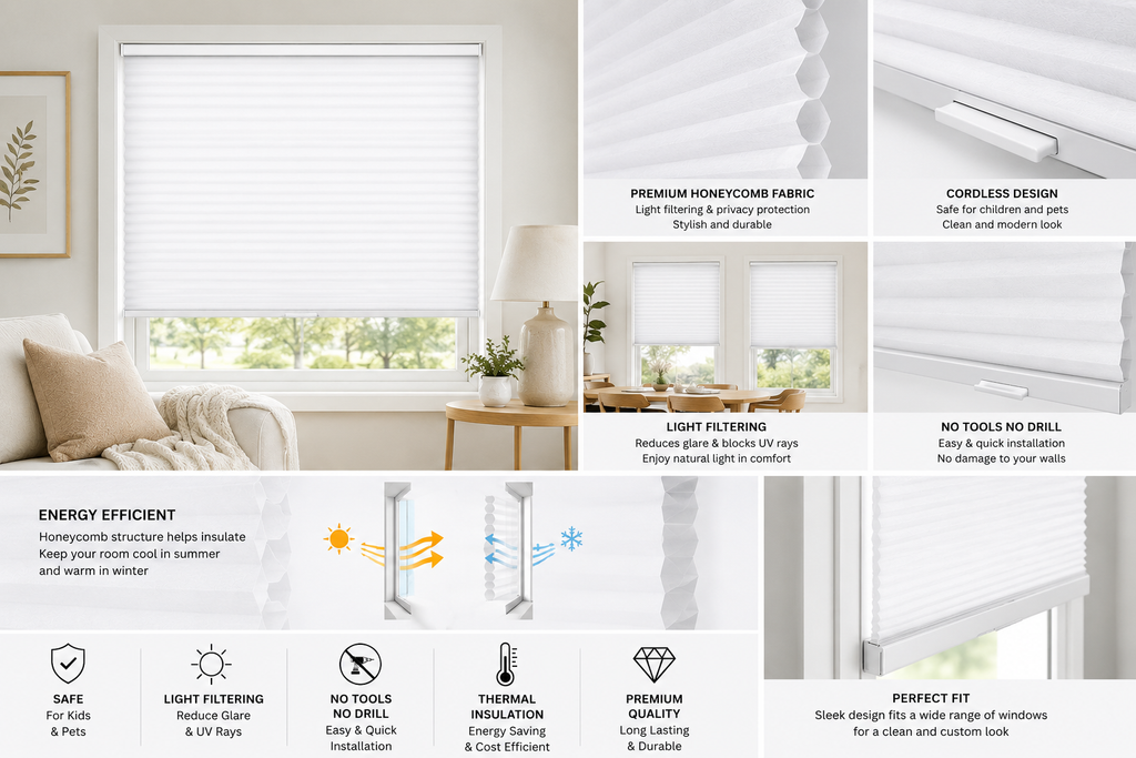 Khwaish Enterprise Drill-Free Cordless Cellular Honeycomb Blinds White