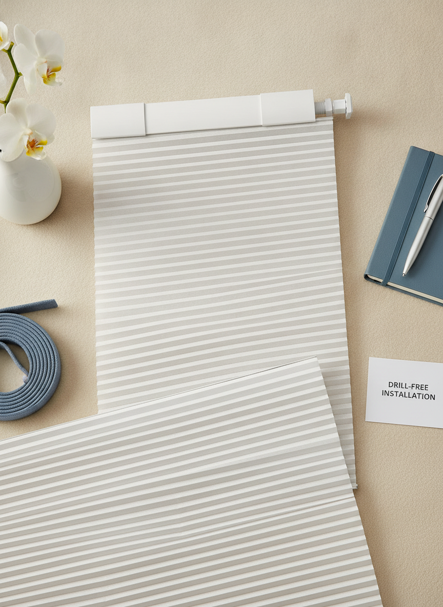 Close-up flat-lay of a cream cellular honeycomb blind, highlighting its texture and cordless design on a warm surface.