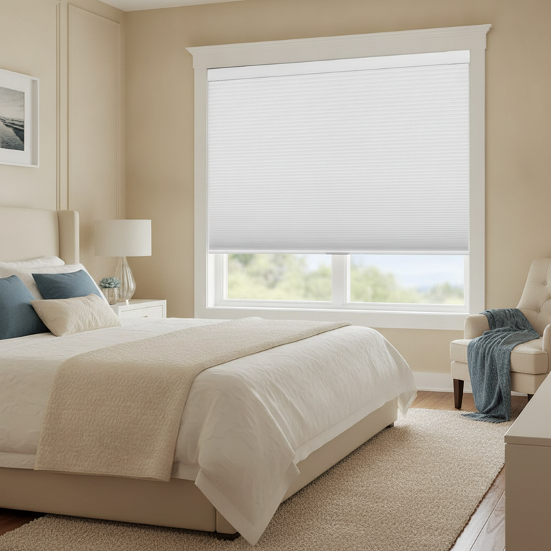 A cozy master bedroom with a bed, nightstands, and a window featuring extended white cellular honeycomb blinds that filter na