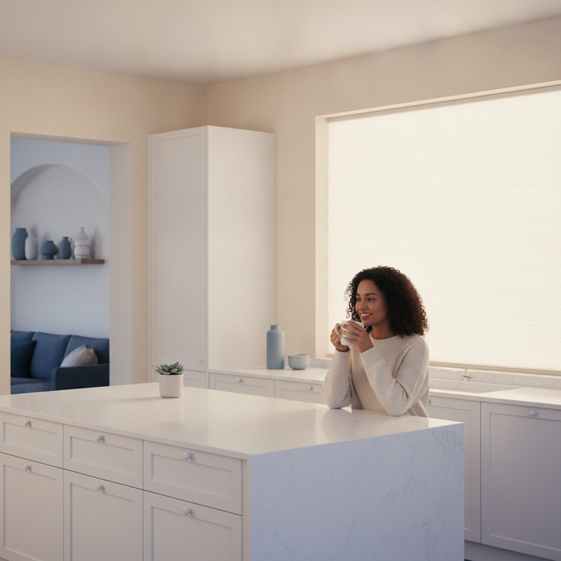 A minimalist kitchen with white cabinets and cream walls. Cordless cellular honeycomb blinds cover a large window, filtering 