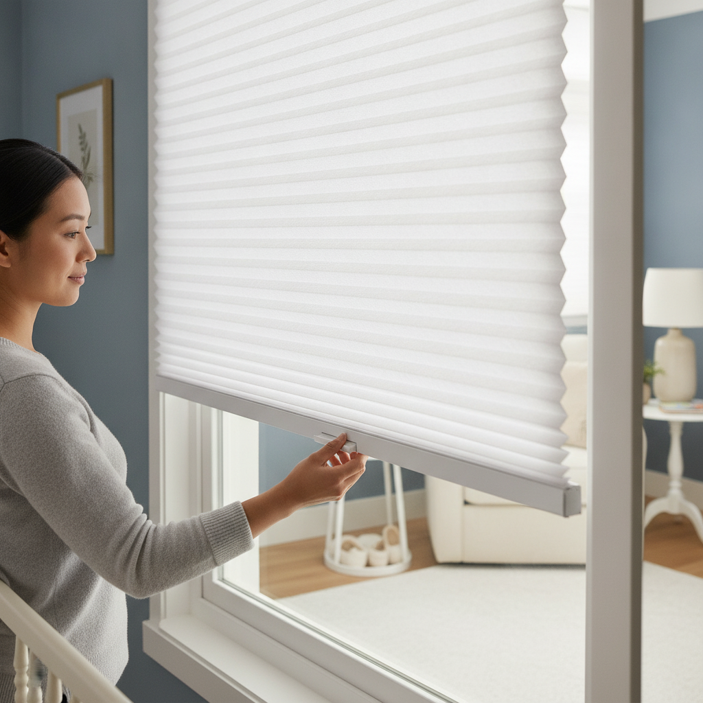 A parent adjusts a white cellular honeycomb blind in a modern nursery, filtering soft light. The room is decorated with blue 