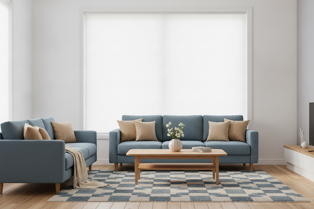 Drill-Free Cordless Cellular Honeycomb Blinds are perfectly installed in a modern living room window, providing total light c