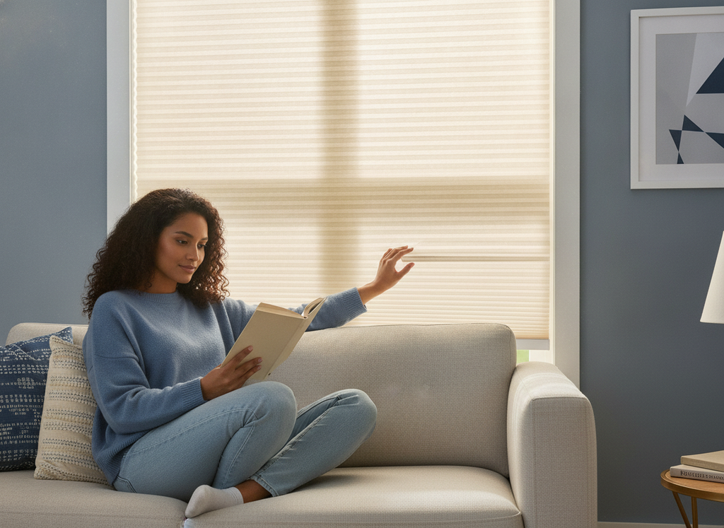 A person reads on a sofa in a modern living room with cream cordless cellular honeycomb blinds on large windows. Sunlight fil