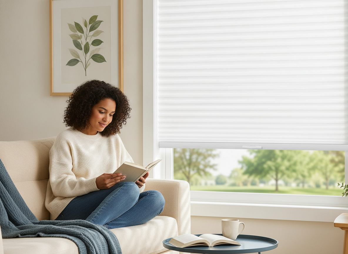 A diverse woman reads on a sofa in a sunlit living room, with "Drill-Free Cordless Cellular Honeycomb Blinds" on the window.