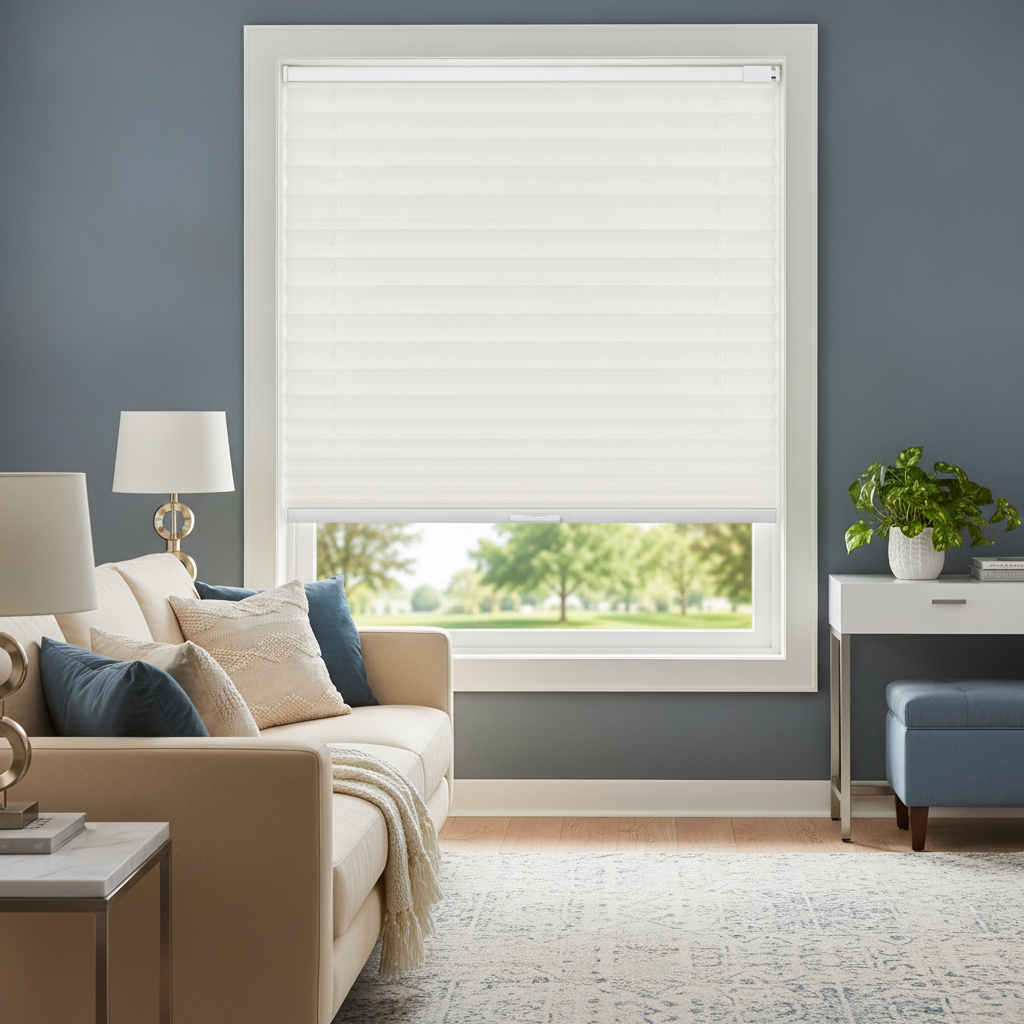 Cream-colored cordless cellular honeycomb blinds on a large window in a modern living room with slate blue and cream decor.