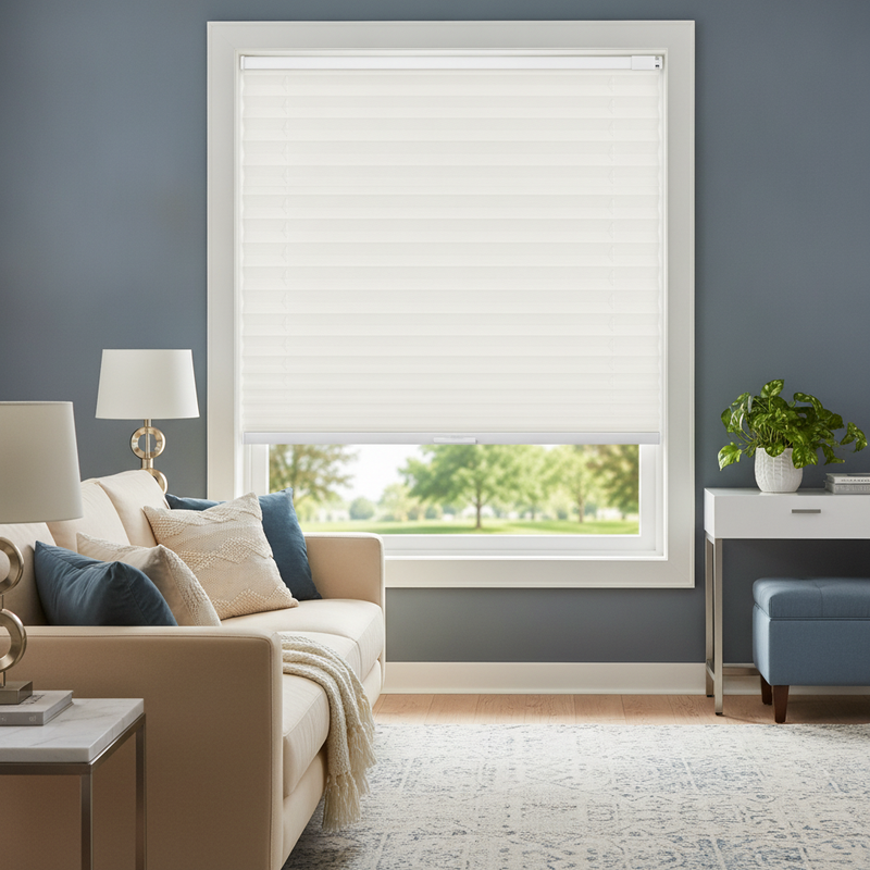 Cream-colored cordless cellular honeycomb blinds on a large window in a modern living room with slate blue and cream decor.