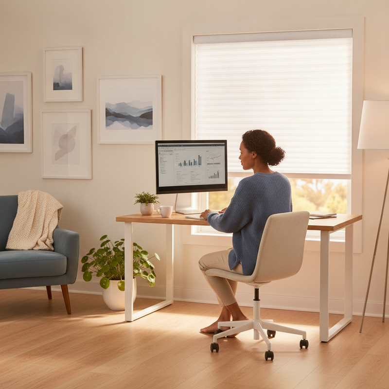 A person works at a desk in a sun-drenched home office with white cellular honeycomb blinds on the window.